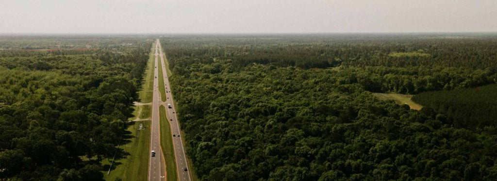 Divided highway running straight through dense forest in Georgia