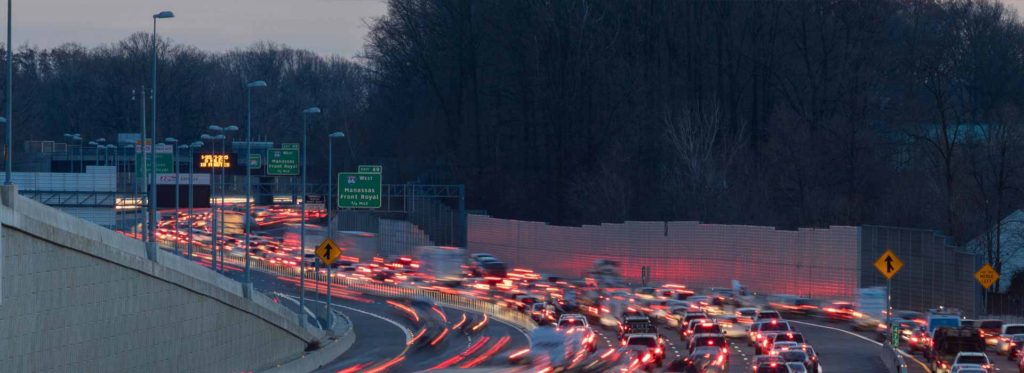 Evening rush-hour traffic on a busy highway in Virginia
